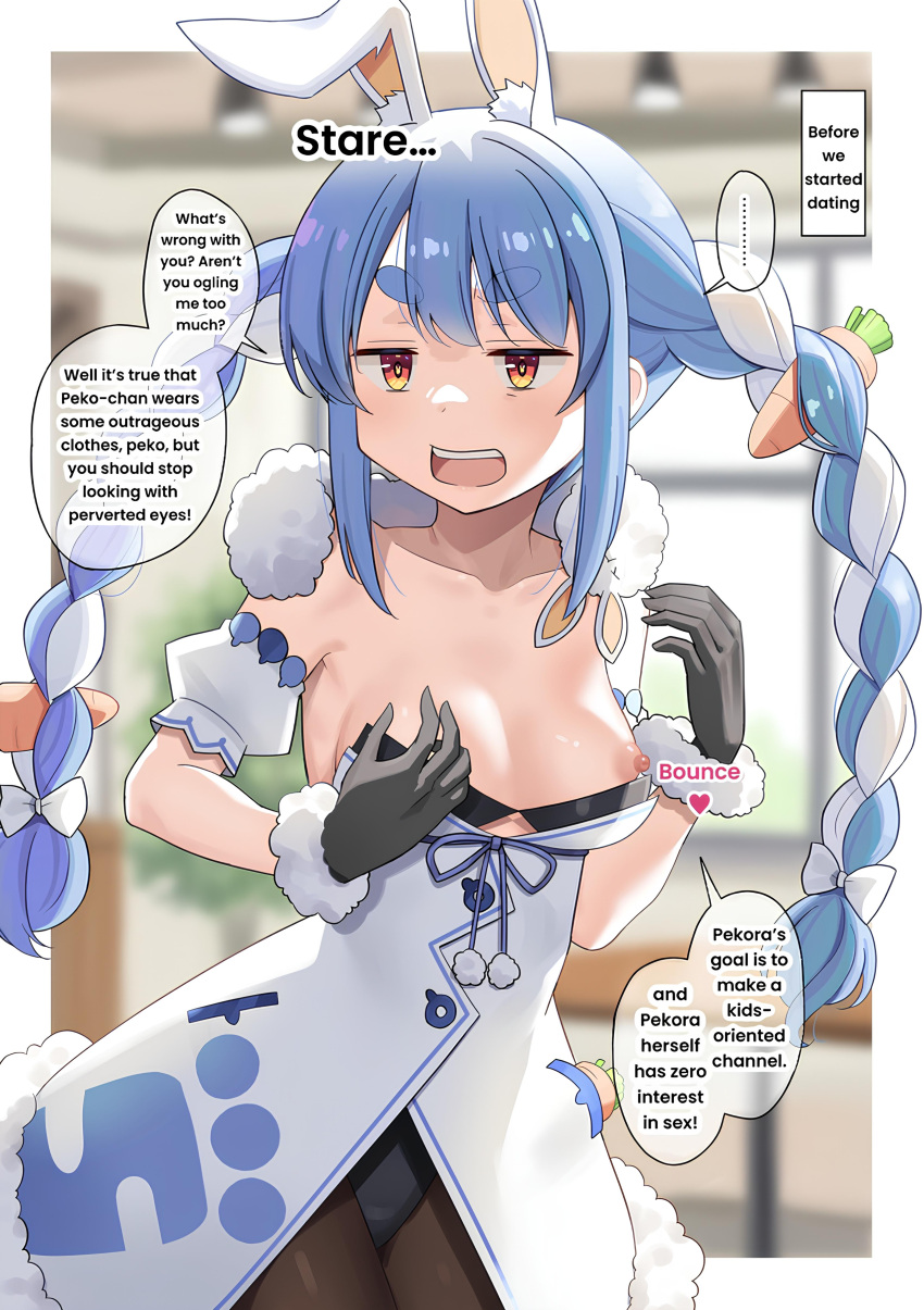 annoyed areolae blue_hair braided_hair braided_twintails bunny_ears bunny_girl carrot carrot_hair_ornament clothing don-chan_(usada_pekora) dorianpanda dress english_text furrowed_brow gloves hololive hololive_fantasy hololive_japan looking_at_viewer multicolored_hair nipples orange_eyes pantyhose pov ribbon scarf small_breasts translated twintails unusual_pupils usada_pekora virtual_youtuber white_hair