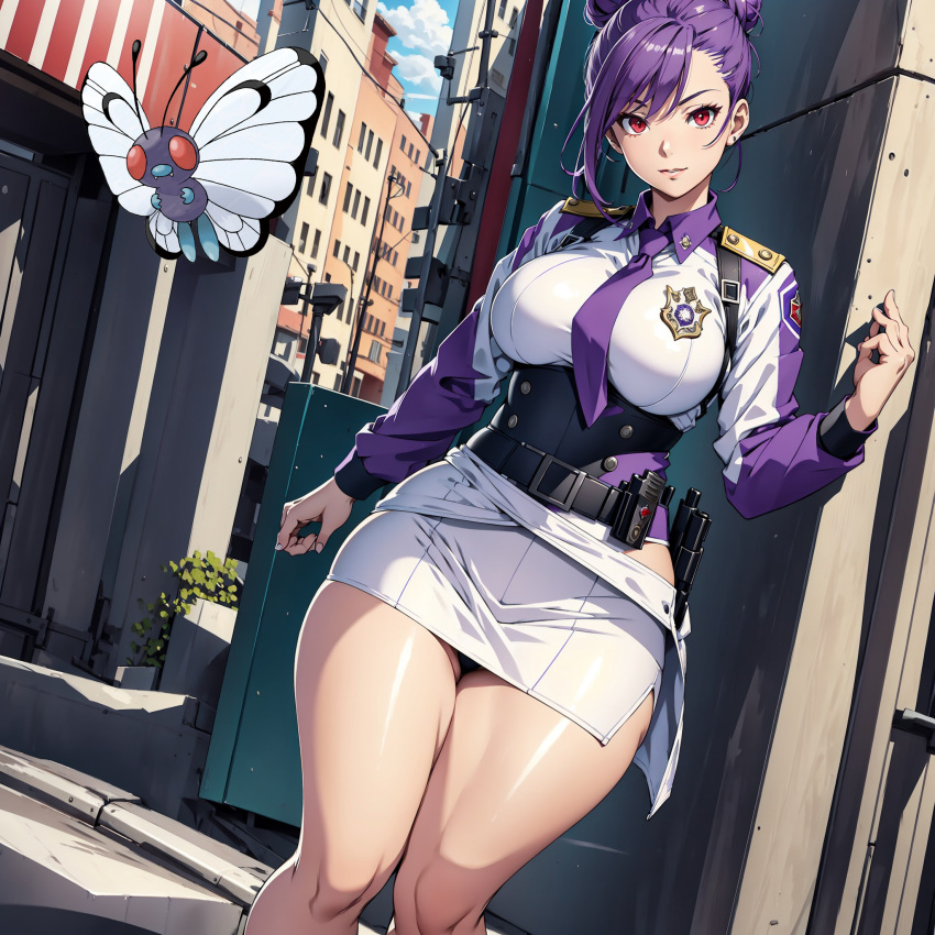 ai ai_generated b-free black_eyes butterfree curvy hair humanization nintendo pokemon pokewomen police police_officer police_uniform policewoman purple_hair short street wide_hips