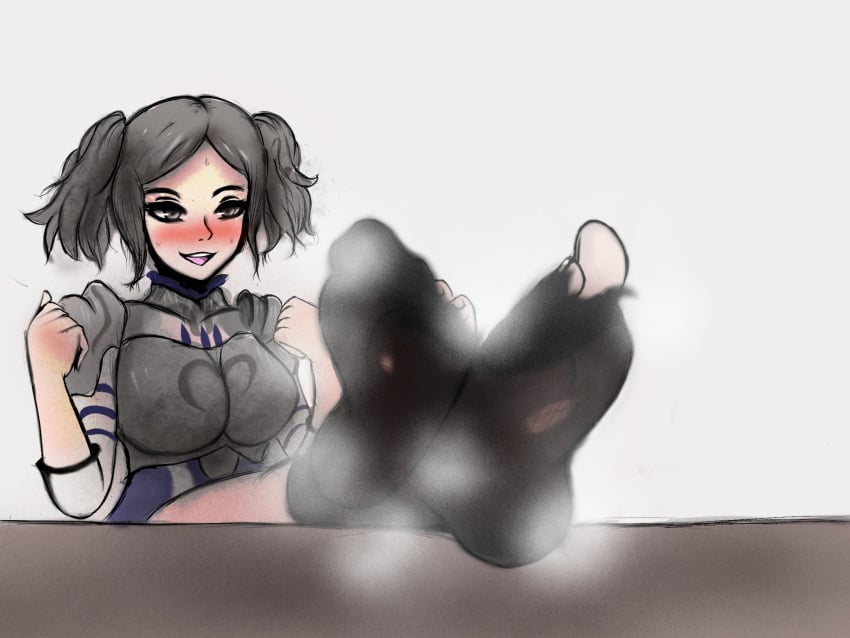 1girls armor bare_thighs blush breasts crossed_legs cynthia_(fire_emblem) feet feet_on_table female female_only fire_emblem fire_emblem_awakening foot_fetish foot_focus grey_eyes grey_hair jyo legs_up medium_breasts musk nintendo open_mouth short_hair smell smelly_feet smile socks solo steamy_feet table textless_version thighs twintails