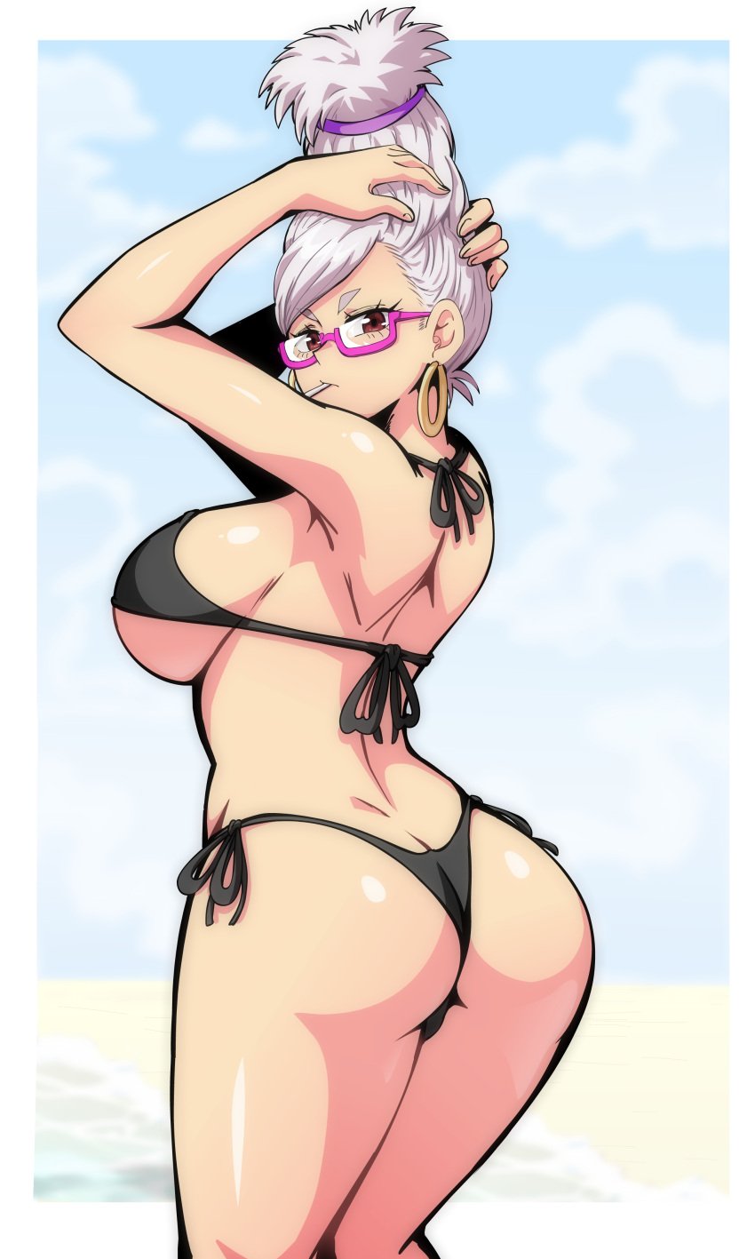 ass ass_focus ayase_seiko beach beehive_hairdo bikini bimbo cigarette dandadan fit_female gilf glasses hoop_earrings lewdamone looking_at_viewer looking_back milf pulled_up_hair sideboob updo white_hair