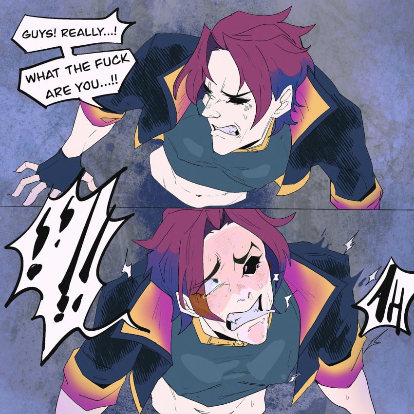 blush dialogue gay heartsteel_kayn heartsteel_series hilariouswar implied_penetration implied_rape kayn league_of_legends male male_focus male_only multicolored_hair pink_hair purple_hair questionable_consent saliva_trail solo solo_focus solo_male stuck stuck_in_wall tear through_wall two_tone_hair yaoi