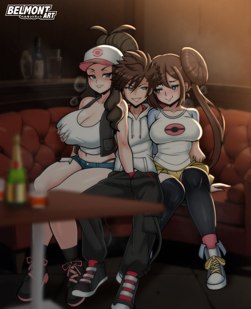 1boy 2girls belmont blush blushing groping groping_breast hand_down_pants handjob_through_clothing hilda_(pokemon) large_breasts medium_breasts netorare original original_character pokemon pokemon_bw rosa_(pokemon) short_shorts shorts shortshorts skirt smile smiling tagme thick_thighs tights