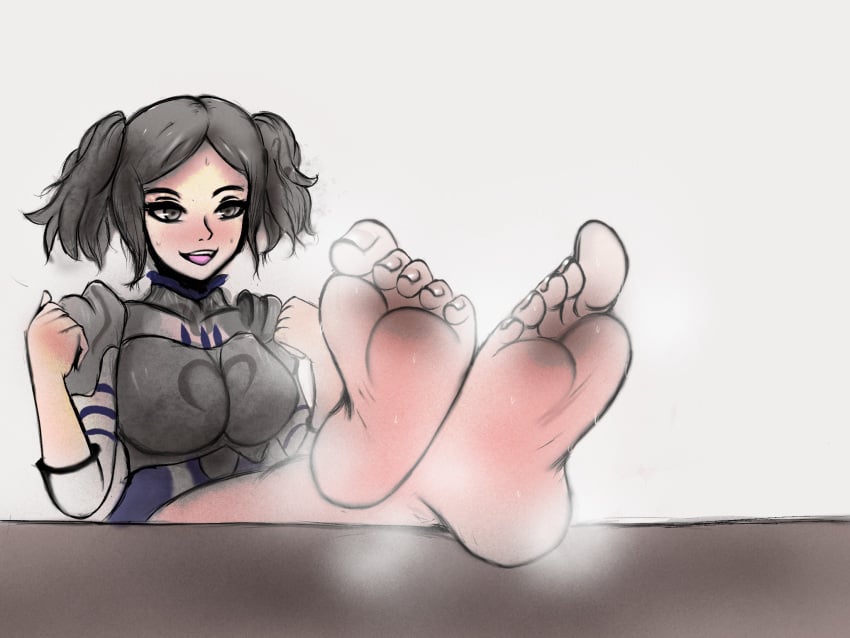 1girls armor bare_thighs barefoot breasts crossed_legs cynthia_(fire_emblem) egyptian_toe feet feet_on_table female female_only fire_emblem fire_emblem_awakening foot_fetish foot_focus grey_eyes grey_hair jyo legs_up medium_breasts musk nintendo open_mouth short_hair smell smelly_feet smile solo steamy_feet sweat table textless_version thighs twintails