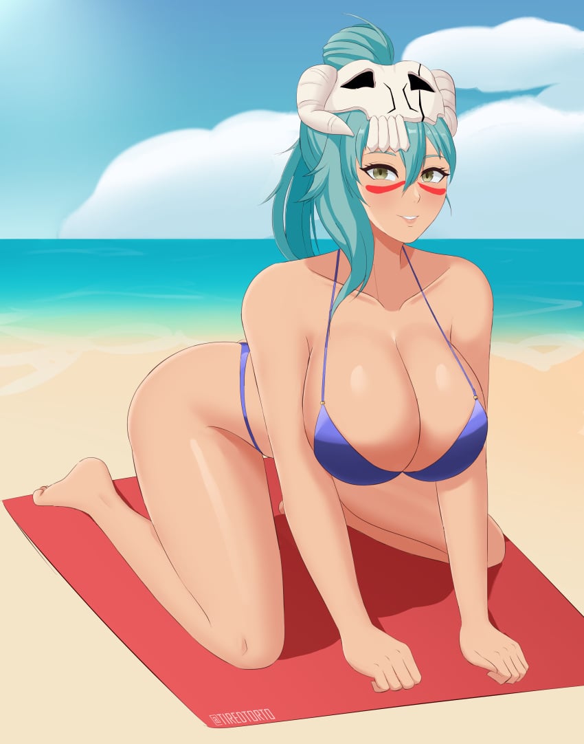 arrancar background beach big_breasts bikini bleach bleach_brave_souls clothing green_hair hazel_eyes large_breasts nelliel_tu_odelschwanck ocean sitting swimsuit tan_skin thick_thighs tiredtorto