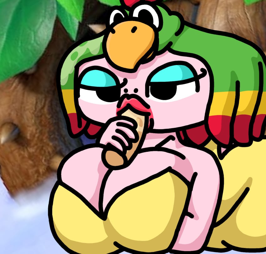 anthro background big_breasts bird blowjob clothed clothing disembodied_penis eyelids fellatio holding_penis legokoopa_(artist) lying mario mario_(series) pink_skin queen_valentina self_upload super_mario_rpg super_mario_rpg_remake thick_thighs yellow_dress