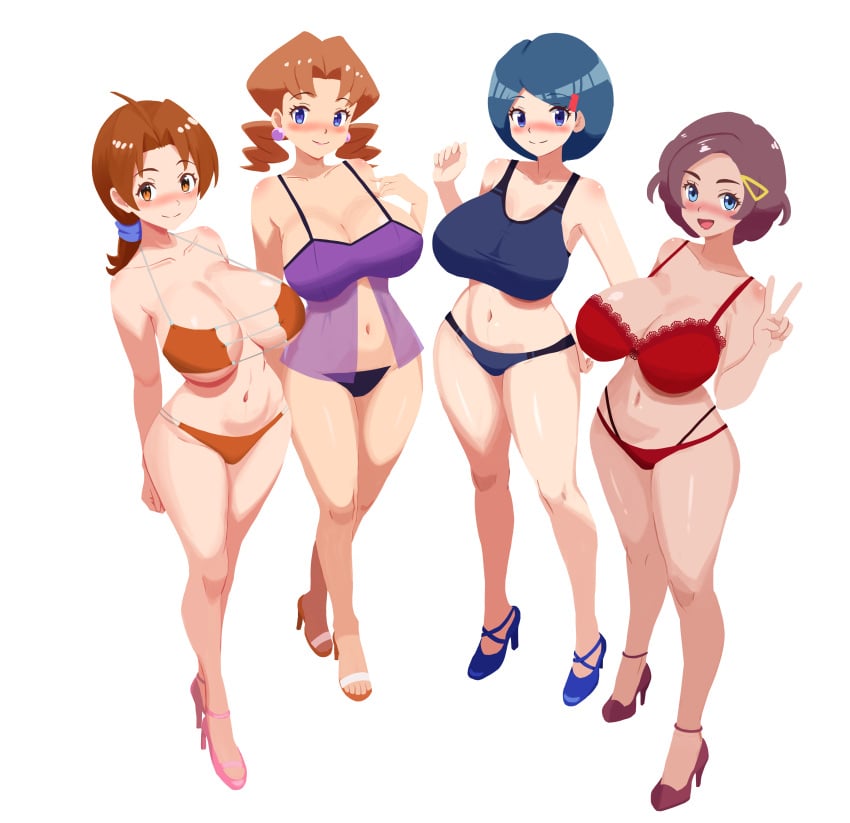 4girls 4milfs alternate_version_available big_breasts bikini bikini_bottom bikini_top blue_eyes blue_hair blue_hair_female blue_panties blue_tank_top blush bottomwear breasts brown_eyes brown_hair caroline_(pokemon) cleavage delia_ketchum_(pokemon) ear_piercing earrings female female_only footwear full_body game_freak grace_(pokemon) hair_ornament heels high_heels hips huge_breasts inkapple johanna_(pokemon) lace lace-trimmed_bra lace_trim legs lingerie looking_at_viewer mature mature_female mature_woman milf milfs mother multiple_girls multiple_milfs nightgown orange_bikini panties peace_sign pokemon pokemon_(anime) pokemon_dppt pokemon_xy purple_panties red_bra red_panties short_hair smile swimwear thighs topwear