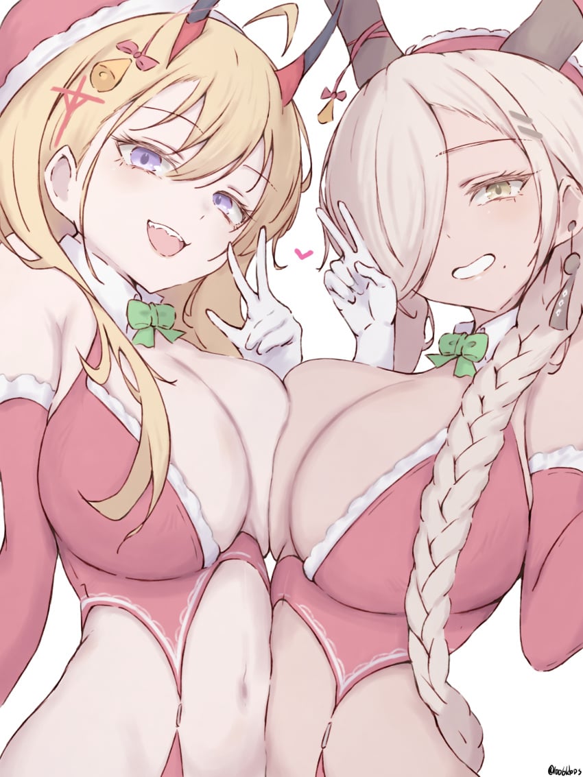 2girls azur_lane breasts_to_breasts christmas christmas_outfit heart huge_breasts kumano_(azur_lane) owari_(azur_lane) peace_sign revealing_clothes smile upper_body v