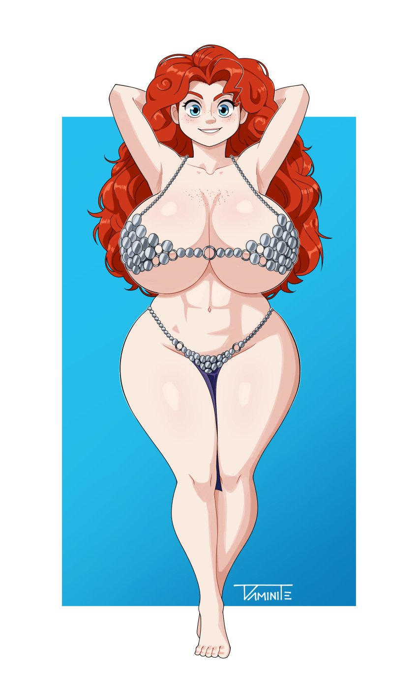 1girls armpits arms_behind_head big_breasts bikini_armor blue_eyes brave breasts cleavage daminite_(artist) disney disney_princess female female_focus female_only freckles gigantic_breasts hands_behind_head huge_breasts large_breasts light-skinned_female light_skin long_hair looking_at_viewer merida metal_bikini pale-skinned_female pixar red_hair red_sonja_(comics) red_sonja_(cosplay) revealing_clothes skimpy_clothes solo solo_female thick_thighs voluptuous voluptuous_female wide_hips