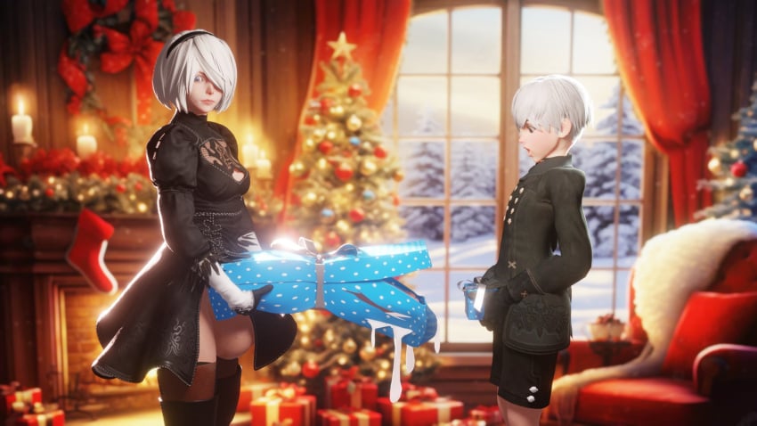 1boy 1futa 3d balls breasts christmas clothing cock_shock cum dick_in_a_box femboy futa_is_bigger futa_with_male futanari hairband huge_balls huge_cock hyper hyper_penis light-skinned_futanari light-skinned_male light_skin male nier nier:_automata penis penis_size_difference peterraynor short_hair size_difference testicles thigh_highs trap white_hair yorha_2b yorha_9s