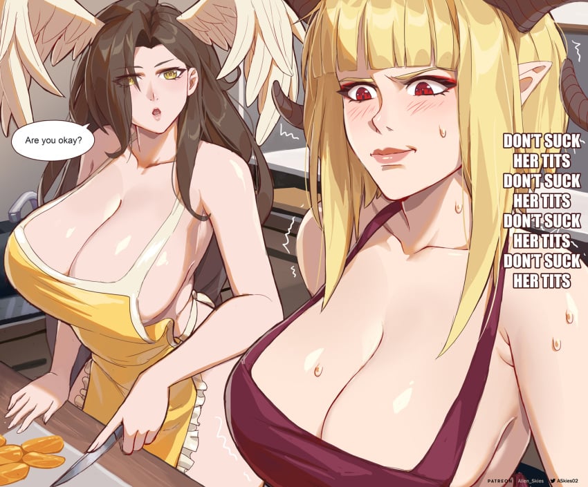 2023 2girls allen_skies allen_skies02 apron apron_only big_breasts blonde_hair brown_hair cleavage cooking dialogue english_text feathered_wings female female_only head_wings hi_res horns long_hair original original_characters pointy_ears red_eyes speech_bubble text trembling yellow_eyes