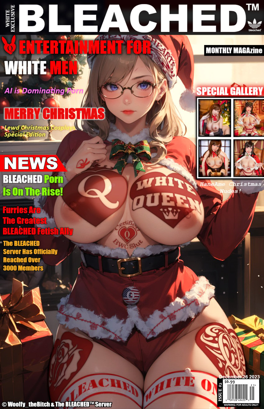 ai_generated bleached christmas christmas_clothing christmas_headwear christmas_outfit edit edited edited_official_artwork maga magazine magazine_cover mrs._claus queen_of_hearts raceplay santa_costume tattoo woolfy_thebitchrl