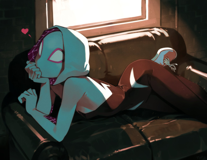 1female 1girls ass costume cute female female_focus female_only ghost_spider gwen_stacy hips hips_wider_than_shoulders looking_at_viewer marvel marvel_comics mask masked masked_female optionaltypo sfw shoes skin_tight skinsuit skintight sneakers sofa spider-gwen spider-man:_across_the_spider-verse spider-man:_into_the_spider-verse spider-man_(series) uncensored