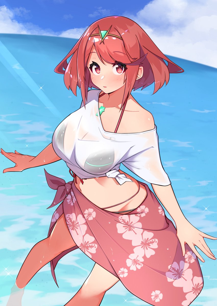 1girls beach bikini bikini_under_clothes black_bikini black_swimsuit breasts clouds core_crystal in_water large_breasts looking_at_viewer midriff navel nintendo ocean osora_(judithandlilith) outside pyra red_eyes red_hair red_sarong sarong shirt short_hair swimsuit swimsuit_under_clothes tiara tied_shirt water white_shirt xenoblade_(series) xenoblade_chronicles_2