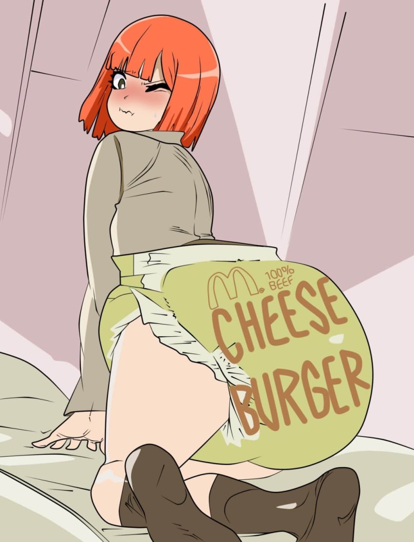 1girl 1girls abdl big_diaper blushing cheeseburger diaper diaper_fetish dl-secret female female_focus female_only huge_diaper infantilism jpg logo mcdonald&#039;s milf mom_(japanese_mcdonald&#039;s_commercial) mother socks sweater tagme text yoru_mac