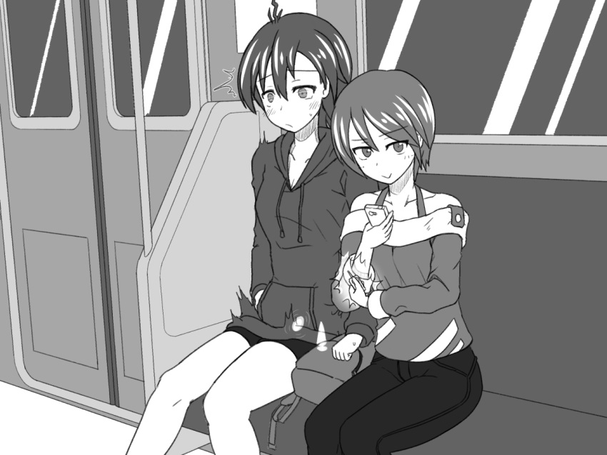 2girls :> anal anal_object_insertion bangs bare_shoulders bike_shorts blush breasts buttplug cellphone cleavage clenched_hand closed_mouth clothing collarbone constricted_pupils controller denim discreet_vibrator door egg_vibrator eyebrows_visible_through_hair female greyscale hair_between_eyes halcyon_(halcyon90) hand_in_pocket hand_up happy holding holding_cellphone holding_phone hood hoodie jeans legs_together looking_at_viewer monochrome multiple_girls notice_lines object_insertion off_shoulder original pants phone remote_control remote_control_vibrator shiny shiny_hair shirt short_hair sitting small_breasts smile surprised train_interior trembling vaginal_object_insertion vaginal_penetration vibrator vibrator_under_clothes window x-ray yuri