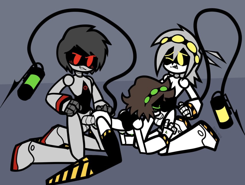 blowjob brown_hair disassembly_drone glitch_productions green_eyes murder_drones oc original_character red_eyes robot robot_boy robot_girl sdk69000 spitroast spitroasting threesome yellow_eyes