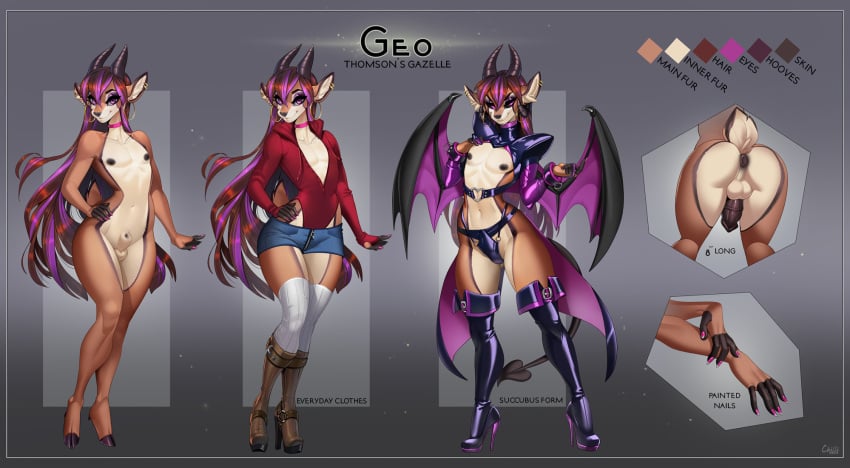 animal_genitalia antelope anus aomori areola ass balls black_nipples boots bottomwear bovid choker clothed clothing cloven_hooves colored_nails crossdressing demon ear_piercing ear_ring femboy footwear gazelle genitals geo_(pechallai) girly hair hi_res high_heeled_boots high_heels hoodie hoodie_bodysuit hoop_ear_ring hooves horn hotpants jewelry legwear long_hair male mammal medial_ring membrane_(anatomy) membranous_wings model_sheet nails necklace nipples penis piercing pink_nail_polish pink_nails purple_eyes purple_hair ring_piercing sheath shorts socks thigh_boots thigh_highs thigh_socks thomson&#039;s_gazelle topwear true_antelope wings