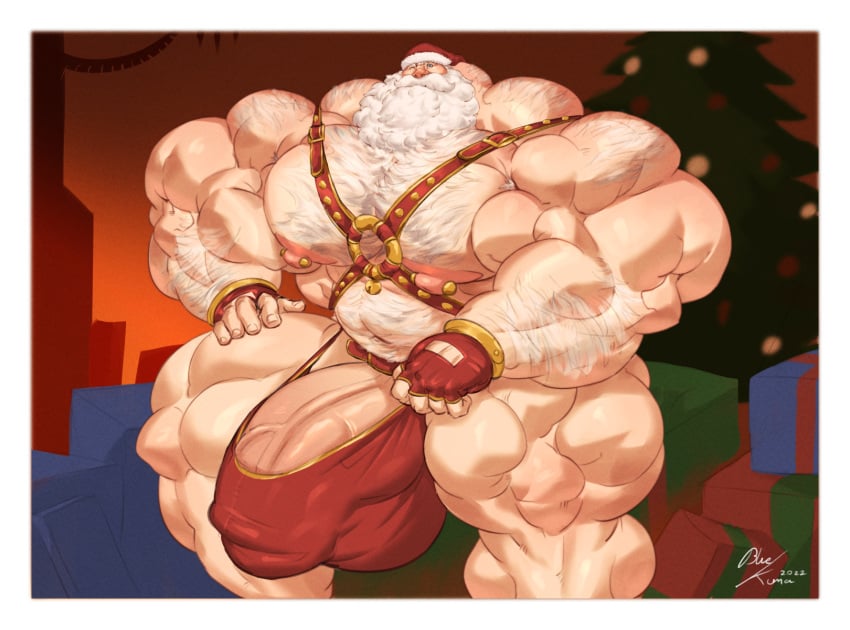 balls bara beard big_balls big_muscles big_penis bluekumabox bulge christmas facial_hair hat male male_only muscles muscular penis santa_claus santa_hat solo solo_male white_hair