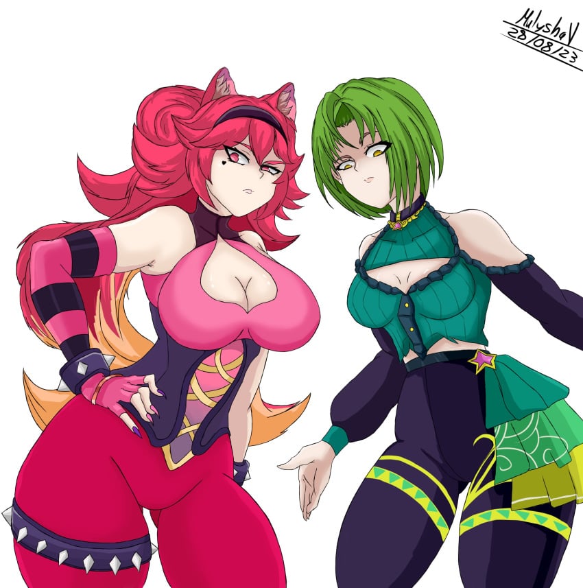 2girls arm_sleeves artist_name artist_signature asymmetrical_clothes asymmetrical_legwear big_breasts brown_eyes colombian ear_piercing earrings female female_focus fingerless_arm_sleeves fingerless_gloves flat_chest freckles green_hair green_nails hispanic hispanic_virtual_youtuber huge_breasts indie_virtual_youtuber latam_virtual_youtuber legs light-skinned_female light_skin long_hair lunaria_ayaren monochrome_background mulyshav necklace pink_eyes red_eyes red_hair red_pants ryumi ryumivt short_hair signature small_breasts thick_thighs thighs twitch twitch.tv virtual_youtuber vtuber vtuberfanart yellow_eyes youtube youtube_hispanic