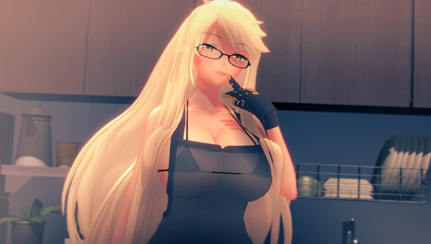 1girl 1girls 3d ahoge alma_armas apron big_breasts blonde_hair bra dark-skinned_female dark_skin finger_to_mouth glasses half-closed_eyes kitchen koikatsu large_breasts long_hair looking_at_viewer smug smug_face solo solo_female solo_focus spiritofrei transparent_clothing va-11_hall-a