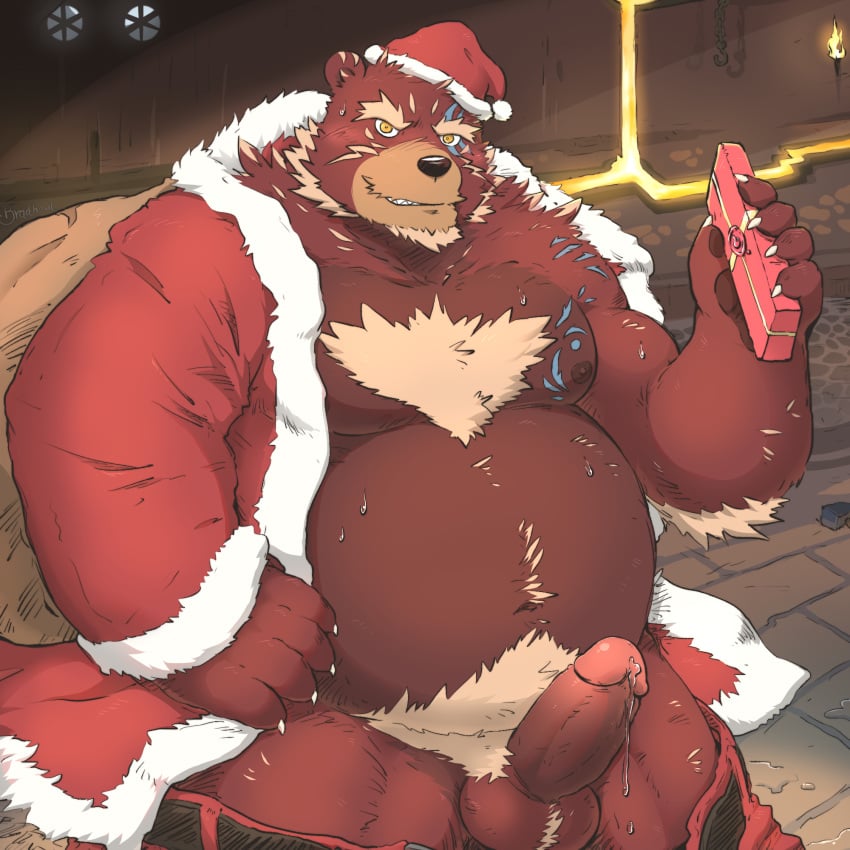 2023 anthro balls bear belly big_belly black_nose bottomwear bottomwear_down christmas christmas_clothing christmas_headwear clothed clothing detailed_background erection genitals gift hat headgear headwear hi_res holidays humanoid_hands kemono male male_only mammal moobs mtflying30371 nipples overweight overweight_male pants pants_down partially_clothed penis santa_claus santa_hat solo