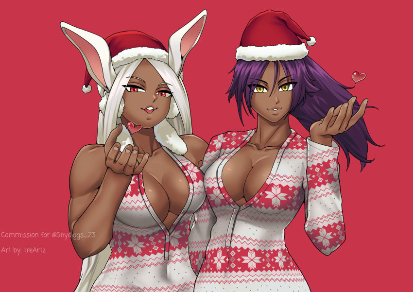 2girls animal_ears bleach boku_no_hero_academia breasts brown_skin bunny_ears christmas christmas_clothing christmas_headwear christmas_outfit crossover dark-skinned_female dark_skin female female_only fully_clothed heart long_hair mirko miruko muscular_arms my_hero_academia purple_hair red_eyes rumi_usagiyama santa_hat shihouin_yoruichi smile smiling thotlerrr treartz white_hair yellow_eyes