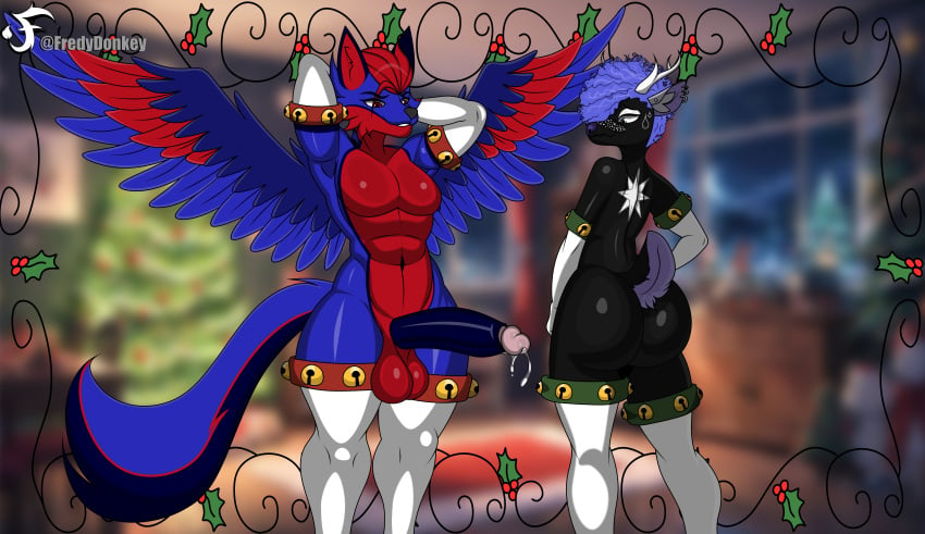 absurd_res anthro antlers ass balls bodily_fluids canid canine canis christmas christmas_clothing clothing deer dripping duo duskluna fredydonkey genital_fluids genitals girly hi_res holidays horn jingle_bell_armband jingle_bell_legband legwear makeup male mammal muscular muscular_male penis precum precum_drip scut_tail short_tail tail thigh_highs white_sleeves wings wolf wolf_tail