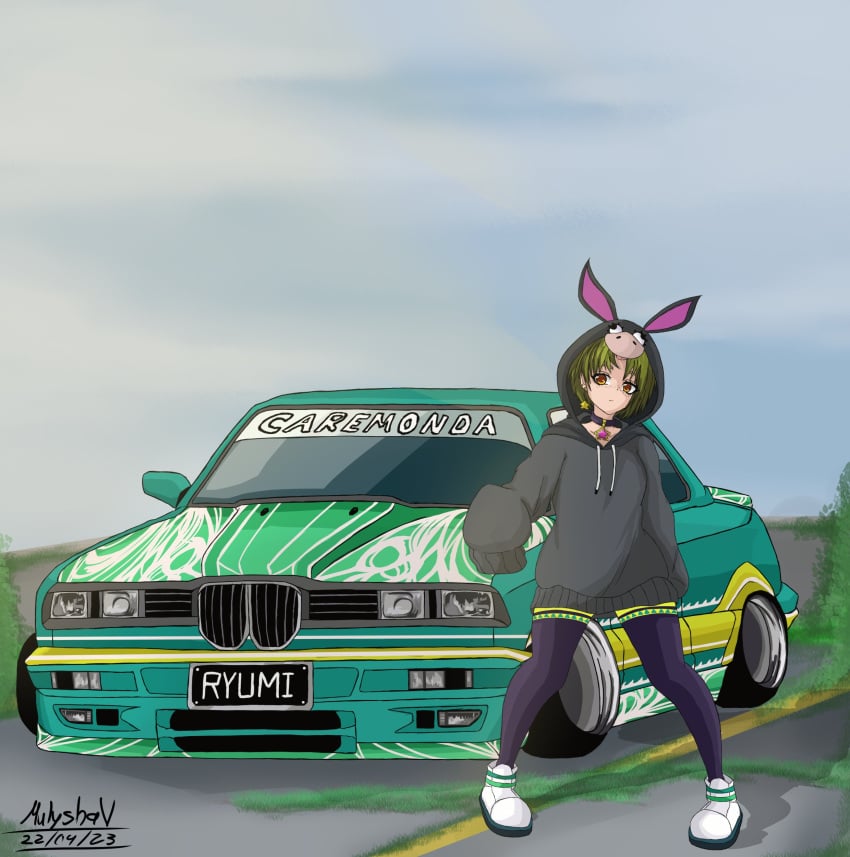 artist_name artist_signature bmw brown_eyes burrita car collar colombian donkey_ears donkey_girl donkey_hood ear_piercing earrings female female_focus fingerless_gloves flat_chest freckles green_hair green_nails hispanic hispanic_virtual_youtuber hood hoodie indie_virtual_youtuber latam_virtual_youtuber light-skinned_female light_skin long_sleeves mulyshav necklace outside ryumi ryumivt short_hair signature small_breasts stockings twitch twitch.tv virtual_youtuber vtuber yellow_eyes youtube youtube_hispanic