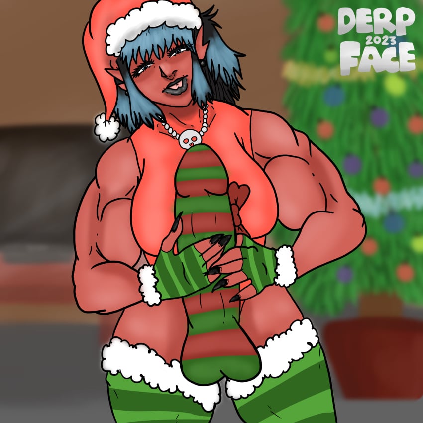 1futa artist_upload balls biceps black_claws black_hair black_lips blue_eyes blue_hair bottomless bow breasts christmas christmas_clothing christmas_outfit christmas_tree claws clothed clothing covered_penis demon demon_futa demon_futanari demoness derpfacensfw dyed_hair ear_piercings erection eyelashes fingerless_gloves futa_only futanari hi_res high_res high_resolution huge_cock humanoid_penis karla_(derpfacensfw) masturbation muscle_futanari muscle_girl muscular_futa partially_clothed penis penis_wrap piercings red_skin santa_hat self_upload signature skimpy_clothes skull_necklace solo spiked_ears spiky_ears standing striped_gloves striped_socks striped_thigh_highs striped_thighhighs television thigh_high_socks thigh_highs thighhigh_socks thighhighs tv two-handed_masturbation wrapped_penis wrapping_paper