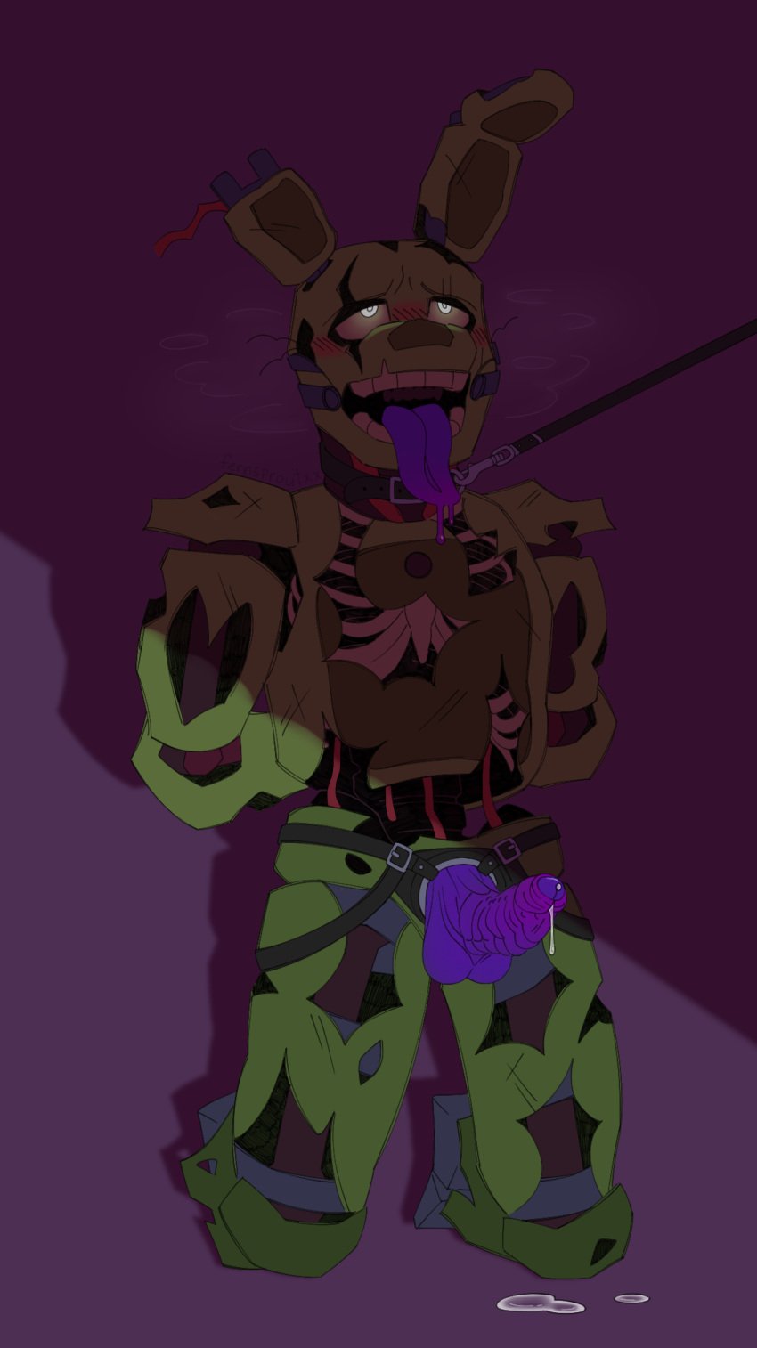 1boy animatronic bad_dragon blush boner collar color cum cum_drip erect_penis five_nights_at_freddy's fnaf front_view glowing_eyes green_body leash leash_and_collar male male_only mascot panting presenting rabbit ribcage robot shaded solo solo_male springtrap springtrap_(fnaf) strap-on submissive submissive_male tongue tongue_out wire