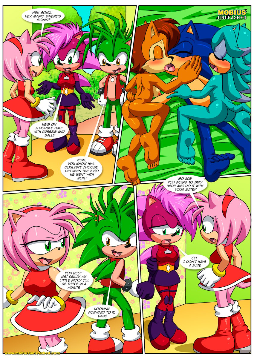 amy_rose anthro balls barefoot bbmbbf blush breasts breezie_the_hedgehog clothing comic dress feet female foot_focus french_kiss girl_on_top humanoid_feet kissing male male/female manic_the_hedgehog mobian_(species) mobian_mating_season_(comic) mobius_unleashed nude palcomix png sally_acorn sega sex small_breasts soles sonia_the_hedgehog sonic_(series) sonic_the_hedgehog sonic_the_hedgehog_(series) threesome toe_scrunch toes toes_scrunch