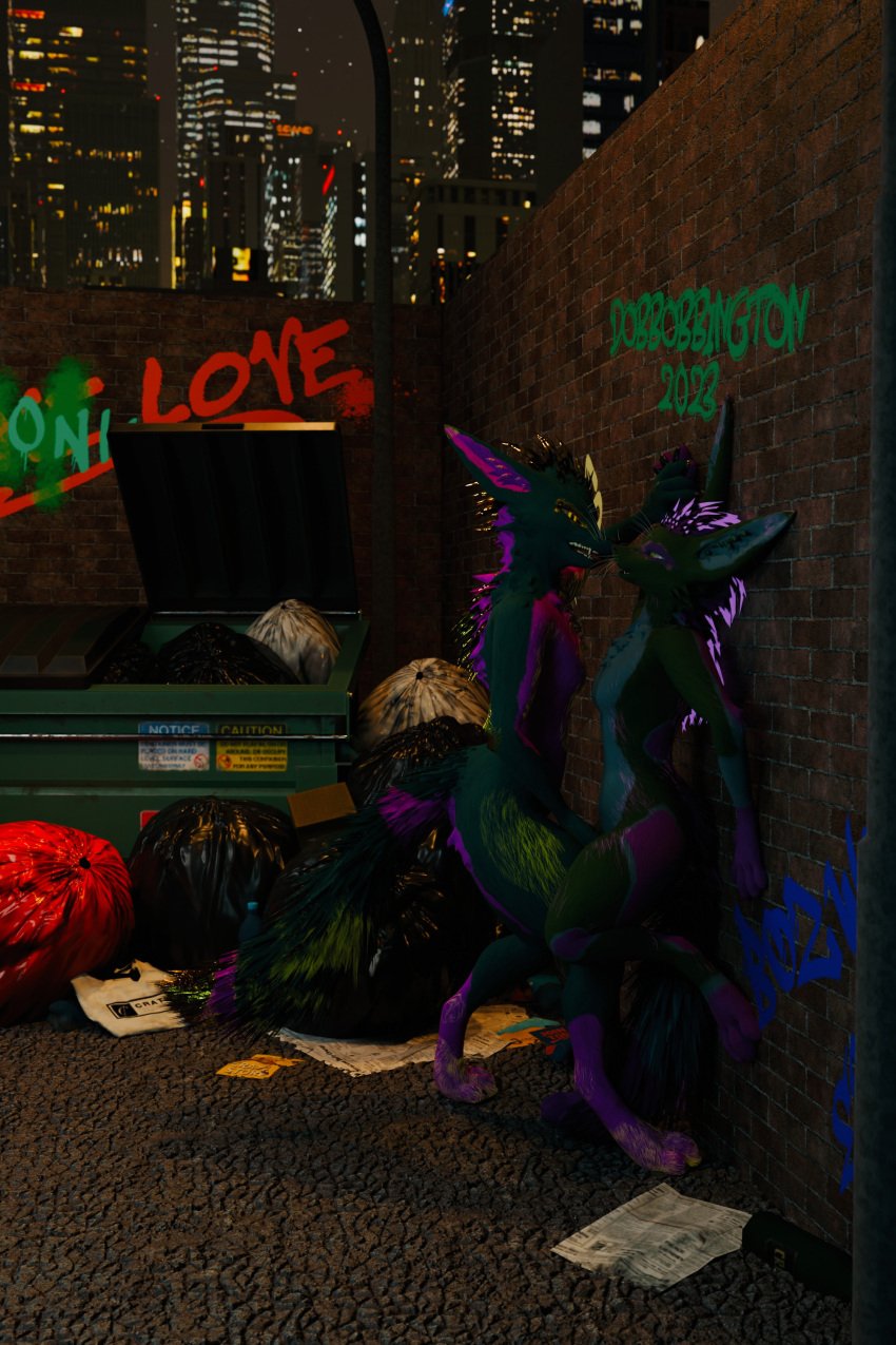 2023 2:3 3d_(artwork) absurd_res against_surface against_wall alley anthro artist_name bioluminescence breasts canid canine city city_background claws detailed_background digital_media_(artwork) dobbobbington dominant dominant_female dumpster duo eye_roll female female/female finger_claws finger_fuck fingering fox fur glowing gold_claws graffiti green_body green_fur hand_holding hi_res mammal night open_mouth outside pink_body pink_fur portrait rexouium sky small_breasts standing tail text toe_claws tongue vaginal_penetration watermark