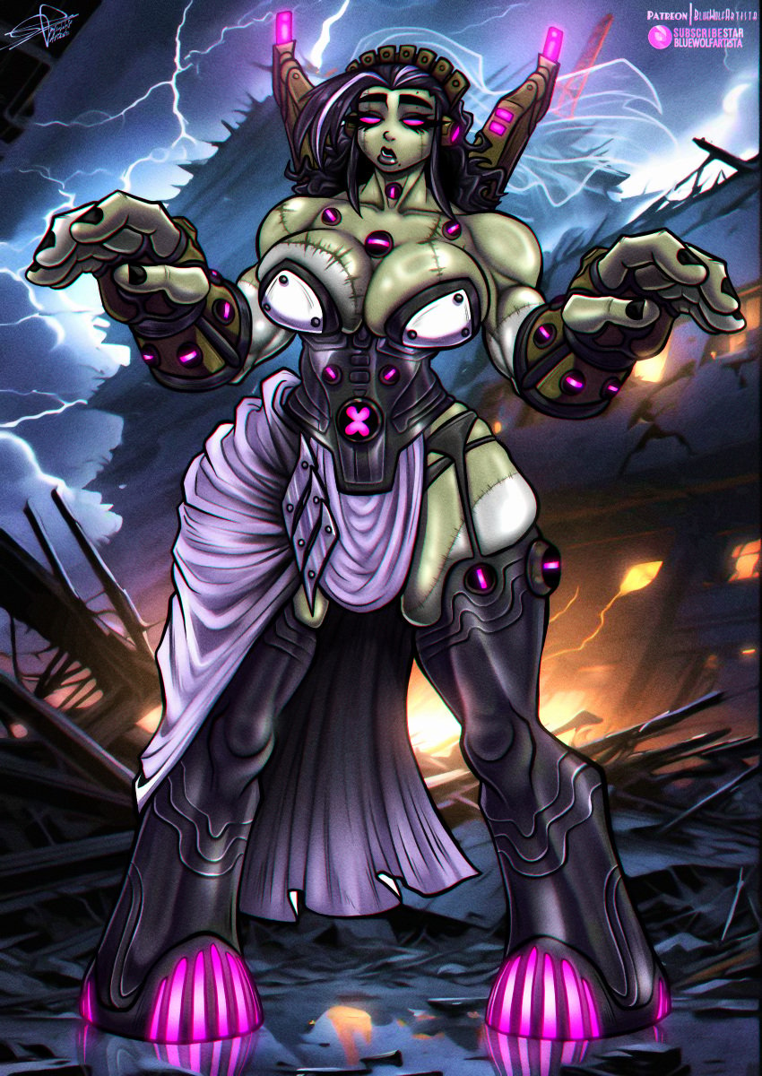 alien alien_girl alien_humanoid alternative_universe ben_10 ben_10_(classic) big_breasts big_woman black_hair bluewolfartista chaquetrix frankenstrike green_skin hourglass_figure huge_breasts massive_breasts monster_girl muscles muscular muscular_female pink_eyes sexy solo_female stitches thick_thighs thigh_highs thighhighs wide_hips