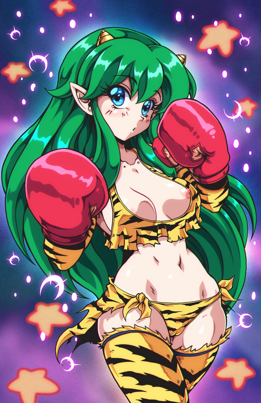 1girls :o blue_eyes boxing boxing_gloves breasts elf_ears female female_only gloves green_hair hands_up karosu-maker long_ears lum midriff red_boxing_gloves red_gloves solo tagme tattered_clothing tiger_print urusei_yatsura