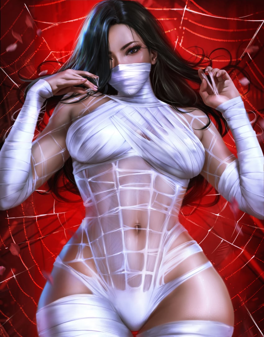 1girls absurd_res absurdres asian asian_female athletic athletic_female bare_hips bare_shoulders bare_skin black_eyes black_hair breasts cindy_moon curvaceous female female_focus female_only fit fit_female high_resolution highres hips light-skinned_female light_skin logan_cure long_hair looking_at_viewer marvel marvel_comics medium_breasts navel red_background silk_(marvel) slim_girl slim_waist solo solo_female solo_focus spider-man_(series) spider_web stomach superheroine thick_hips web wide_hips wrapped_arms wrapped_up