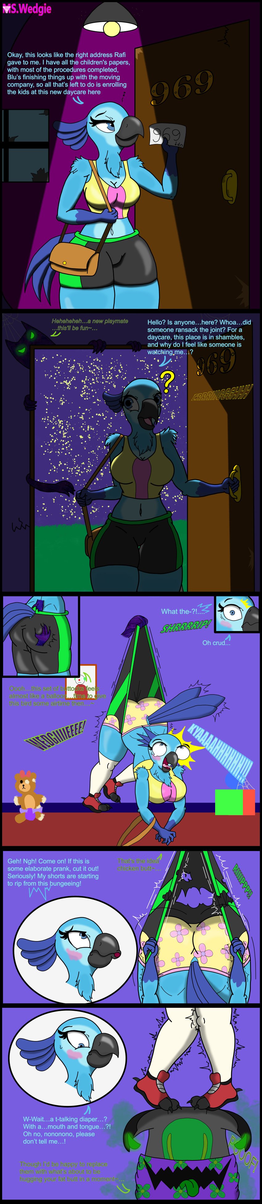 abandoned_building anthro anthro_bird beack blue_feathers childish_panties comic commission daycare diaper female furry furry_only ghost ghost_hands hanging_wedgie humiliation jewel_(rio) macaw mswedgie123 possessed_clothes rio_(film) rio_(series) ripping_clothing shorts tank_top wedgie wedgied_female