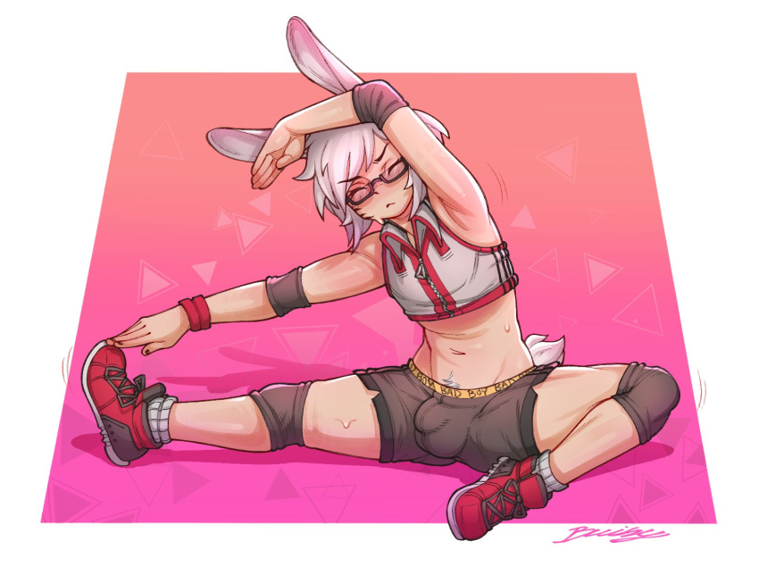 1boy ball_bulge blush buisy bulge bunny_boy bunny_ears bunny_tail closed_eyes commission femboy final_fantasy final_fantasy_xiv glasses hi_res male male_only penis_bulge pubic_hair solo sportswear stretching taiyo_akari viera white_hair xionanon yoga