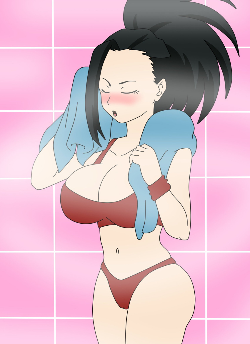 ass big_ass big_breasts blush boku_no_hero_academia closed_eyes drying_off female momo_yaoyorozu my_hero_academia panties ponytail setthh98 shower steaming_body towel_around_neck