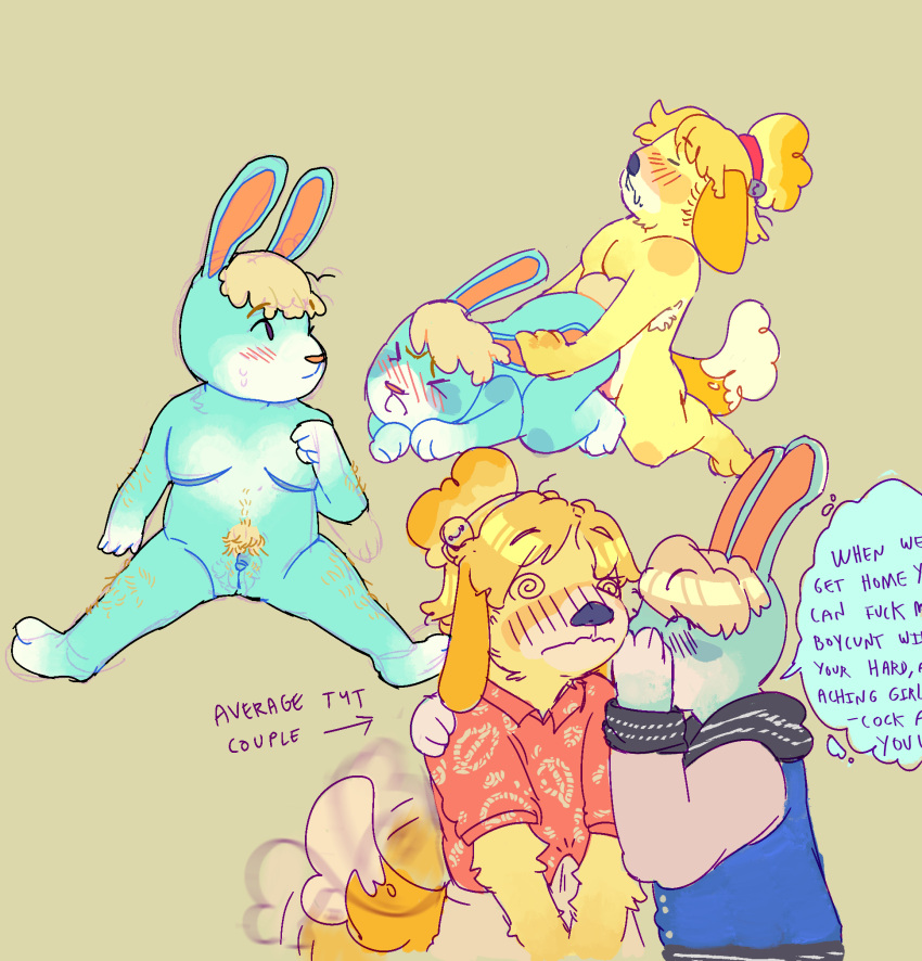 andromorph animal_crossing couple cuntboy dickgirl femboy flustered furry futa_on_cuntboy futanari girly intersex isabelle_(animal_crossing) rule_63 sasha_(animal_crossing) top_surgery_scars whispering