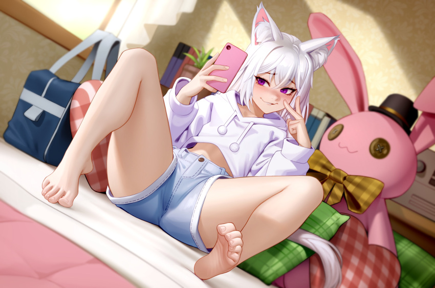 1girl 1girls 2020s 2023 animal_ears anthro barefoot bedroom bedroom_eyes blue_bottomwear blush blushing clothing cute denim_shorts feet feet_up foot_fetish foot_focus front_view hoodie indoors jean_shorts kairuhentai kairunoburogu light-skinned_female light_skin love mild_tomboy nonude original peace_sign phone photo pinched_toes pointy_ears presenting purple_eyes selfie shiro_(lpshiro) shorts sitting sitting_on_bed smartphone smile sole_female soles solo solo_female staring_at_viewer sweater sweatshirt tagme teenage_girl teenager thighs tomboy white_hair white_topwear