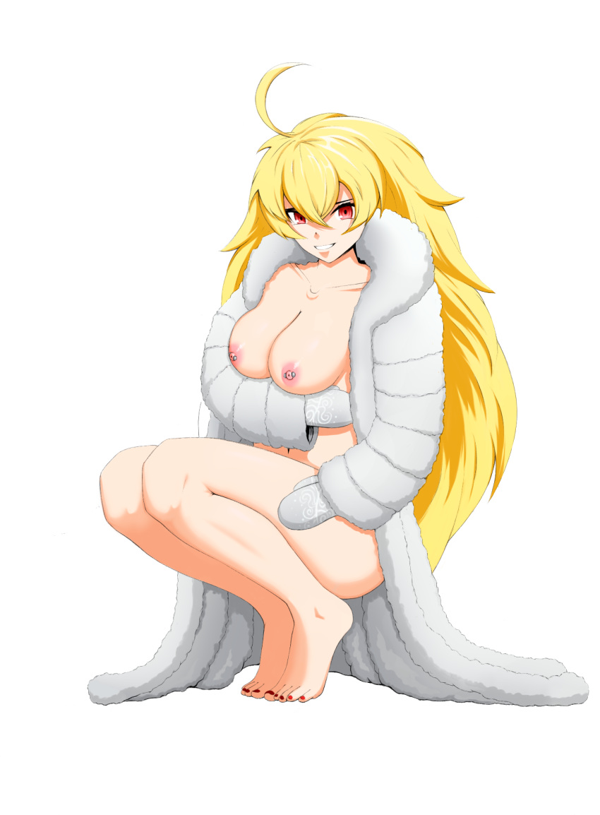 1girls blonde_female blonde_hair brown_hair fur_coat long_hair long_hair_female mr.icy nipple_piercing nude_female pose posing red_eyes rwby winter_coat yang_xiao_long