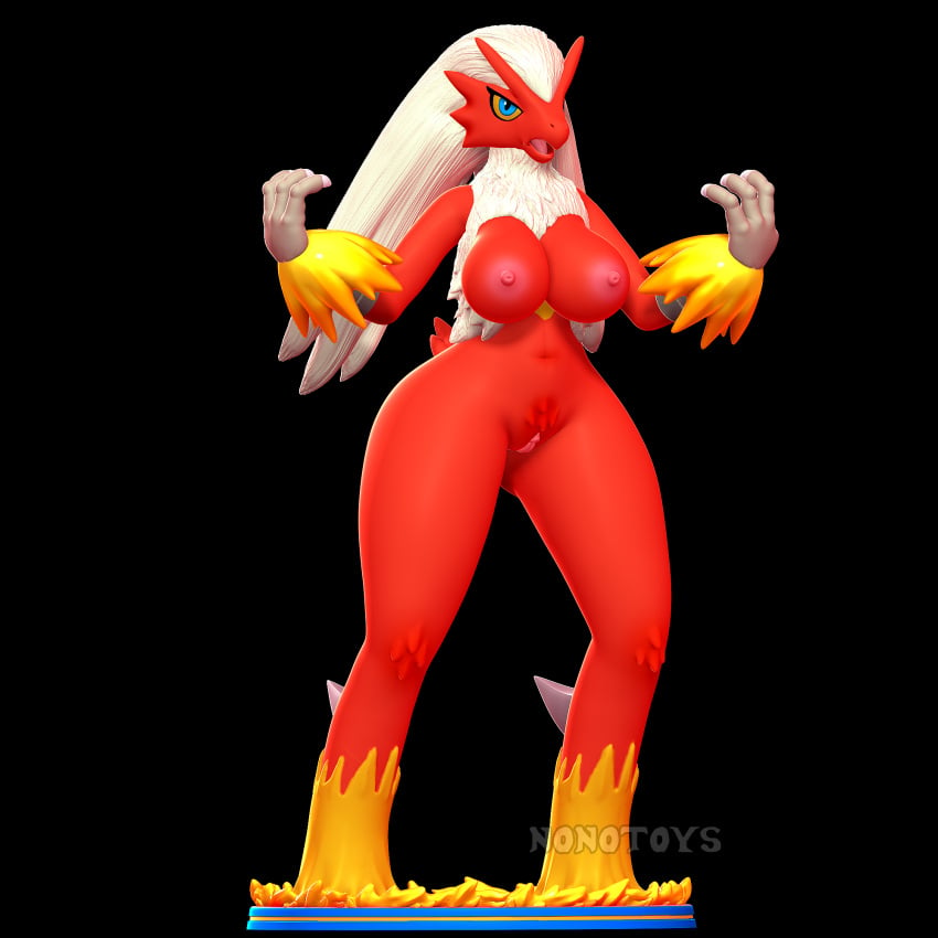 3d_(artwork) angry anthro ass black_background blaziken blue_eyes breasts claws digital_media_(artwork) female fire generation_3_pokemon genitals hi_res nintendo nipples nonotoys pinup pokemon pokemon_(species) pose pussy red_body simple_background solo