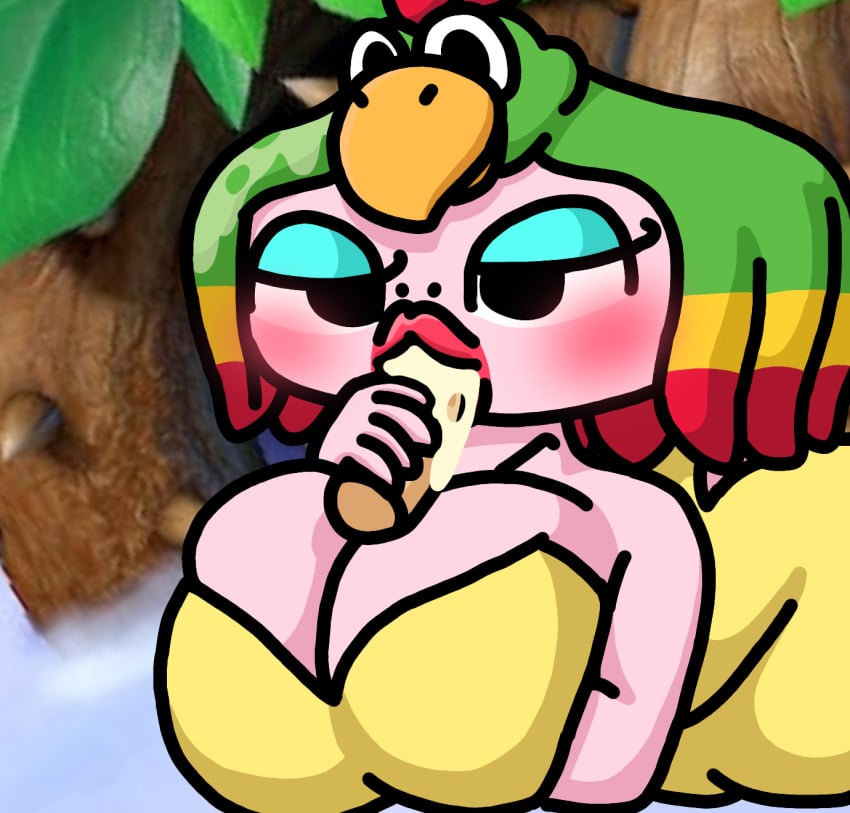 anthro background big_breasts bird blowjob blush blushing clothed clothing cum cum_in_mouth disembodied_penis eyelids fellatio holding_penis legokoopa_(artist) lying mario mario_(series) pink_skin queen_valentina self_upload super_mario_rpg super_mario_rpg_remake thick_thighs yellow_dress