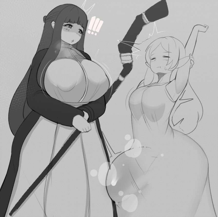 ! !!! 1futa 1girls 2023 balls black_and_white bottom_heavy breast_size_difference breasts bulge clothed clothed_female clothed_futanari clothing dress duo erection_under_clothes erection_under_clothing female fern_(sousou_no_frieren) flaccid fladdykin frieren fully_clothed futanari height_difference hi_res huge_breasts huge_cock huge_hips human humanoid humanoid_penis medium_breasts morning_wood penis penis_awe simple_background size_difference sketch sousou_no_frieren standing stretching thick_thighs wide_hips