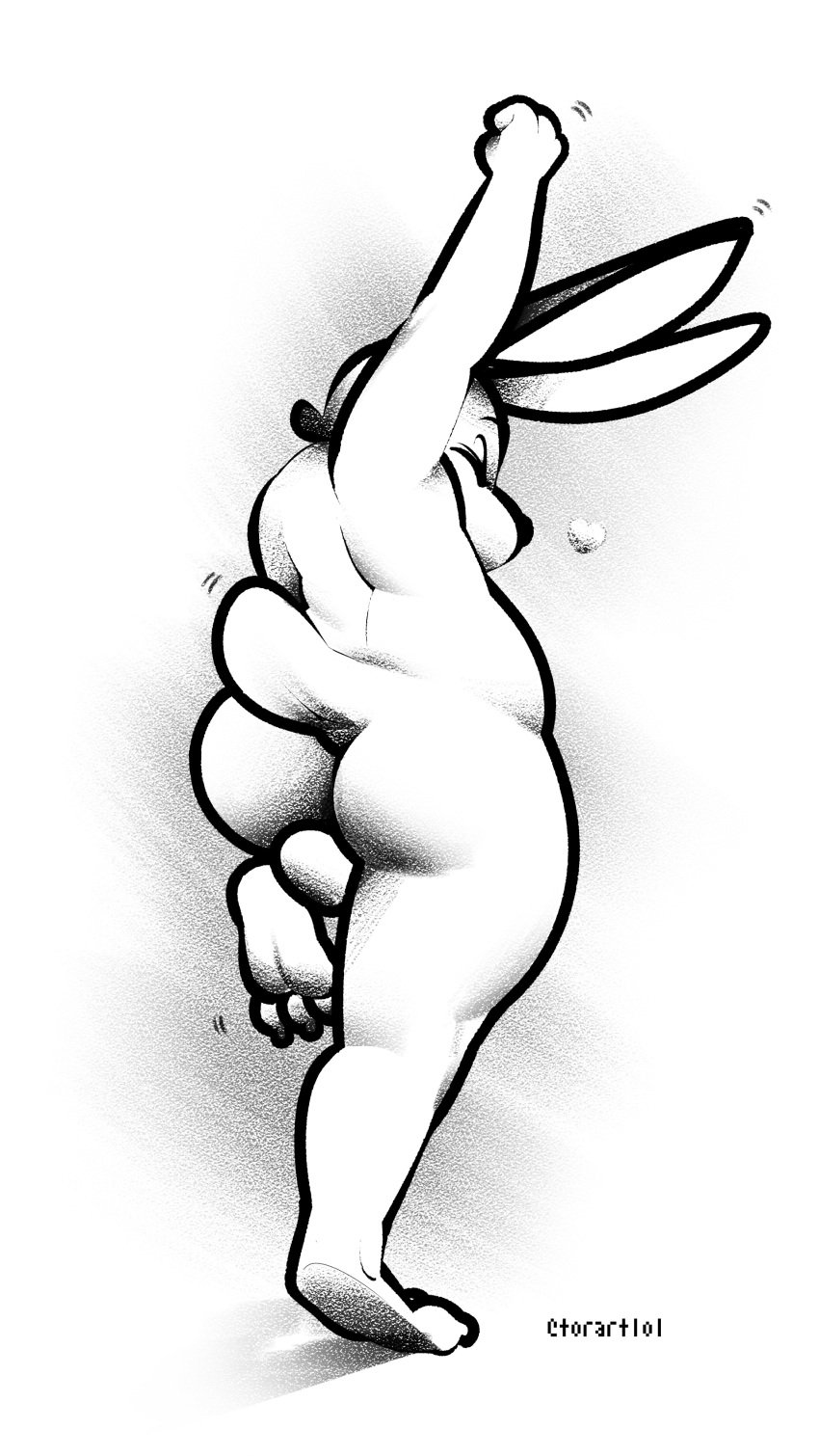 absurd_res anthro arched_back ass back_fat backsack ball_squish balls big_butt charcoal_(artwork) claws cleft_tail closed_eyes feet genitals head_down heart_symbol hi_res lagomorph leporid long_ears love_handles male mammal monochrome motion_lines paws rabbit raised_arm raised_leg rear_view shadow simple_background slightly_chubby solo squish stretching tail text thick_thighs tiptoes torartlol traditional_media_(artwork) wide_hips