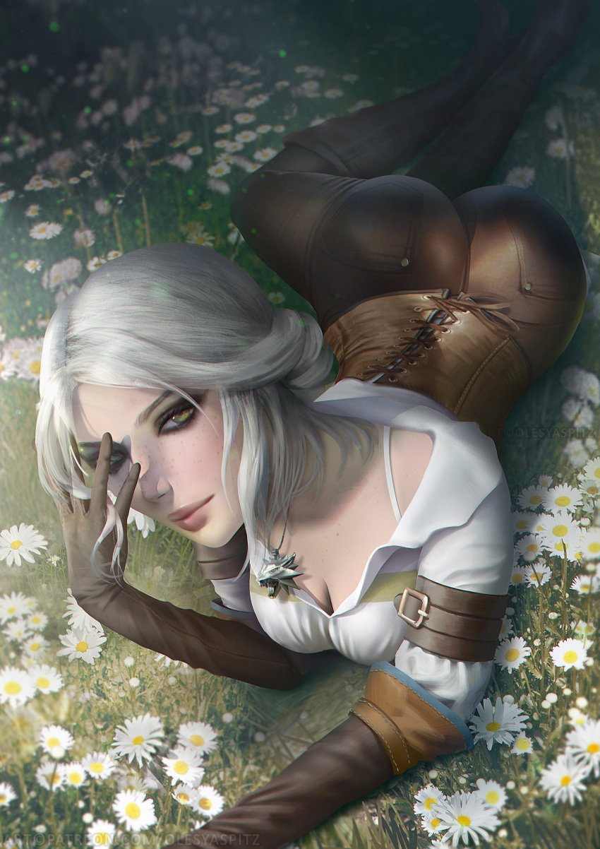 amulet ass big_ass big_breasts big_butt breasts ciri crochet flower flower_field flowers freckles gloves green_eyes hand_on_face hand_on_head huge_ass huge_butt large_ass laying_down laying_on_ground laying_on_stomach leather leather_boots leather_gloves lips medallion necklace olesyaspitz on_stomach the_witcher_(series) the_witcher_3:_wild_hunt thick thick_ass thick_lips tight_clothing tight_pants white_hair