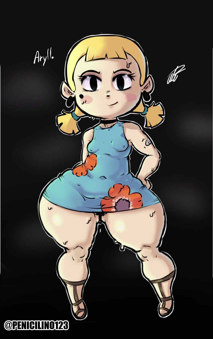 1girls artist_signature aryll big_thighs blonde_hair collar female full_body huge_thighs legs light-skinned_female light_skin looking_at_viewer mole nintendo nipples penicilino123 pepitocuario123 pointy_ears pussy_bulge smile sweat the_legend_of_zelda the_wind_waker thick_thighs tiny_breasts twin_braids wind_waker young