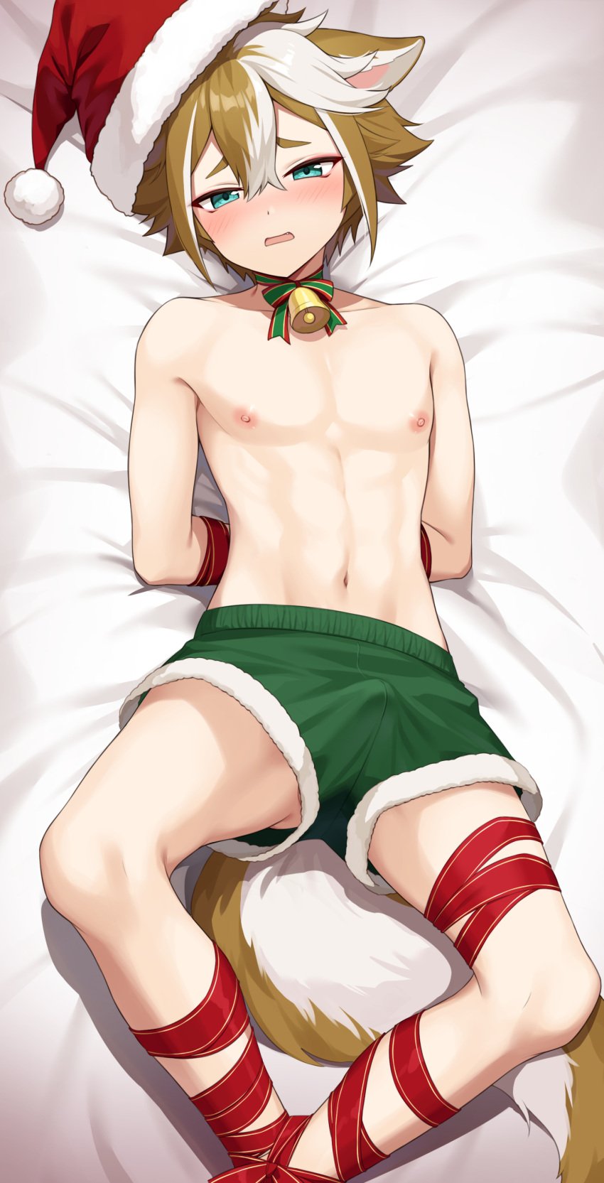 1boy absurdres aqua_eyes arms_behind_back bell blue_eyes blush bondage bound brown_hair christmas commentary_request dog_boy dog_tail erection_under_clothes genshin_impact gift gorou_(genshin_impact) green_shorts hair_between_eyes half-closed_eyes highres iroiro_0w0 jingle_bell lying male_focus male_only merry_christmas midriff multicolored_hair navel nipples on_back on_bed open_mouth ribboned_body santa_hat shorts shorts_only simple_background solo stomach streaked_hair tail topless_male young_boy young_male
fluffy_tail