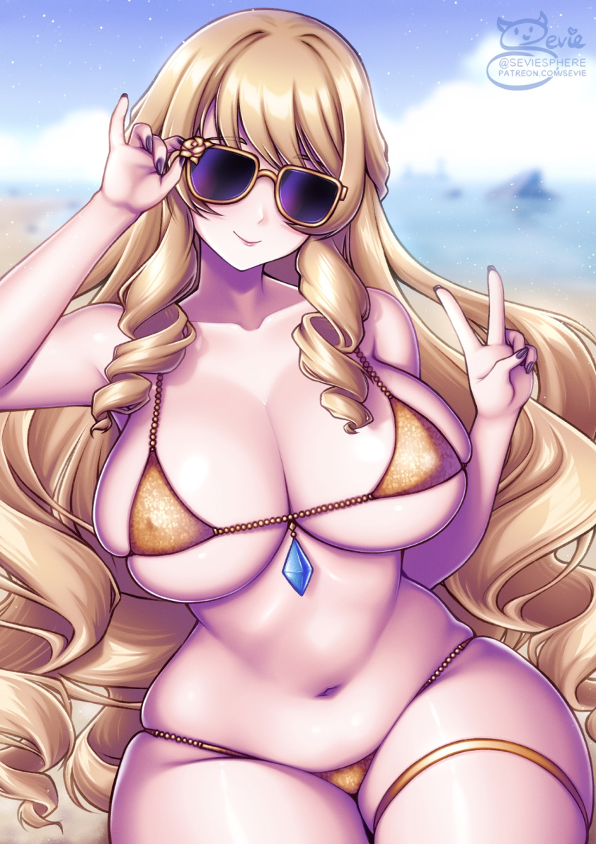 1girls adjusting_eyewear adjusting_glasses adjusting_sunglasses beach bikini blonde_hair breasts female genshin_impact hi_res hips huge_breasts light-skinned_female light_skin long_hair navia_(genshin_impact) outdoors peace_sign purple-tinted_eyewear sevie solo_female sunglasses thick_thighs thighs tinted_eyewear wide_hips