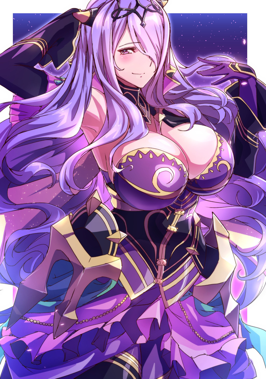 1girls absurdres alternate_costume armpits breasts camilla_(alluring_darkness)_(fire_emblem) camilla_(fire_emblem) cleavage closed_mouth female female female_only fire_emblem fire_emblem_fates fire_emblem_heroes gloves hair_over_one_eye highres large_breasts long_hair looking_at_viewer nintendo official_alternate_costume purple_eyes purple_gloves purple_hair smile solo to_(tototo_tk) very_long_hair